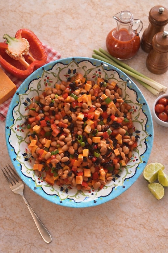 Three Bean Taco Salad with cheese and veggies