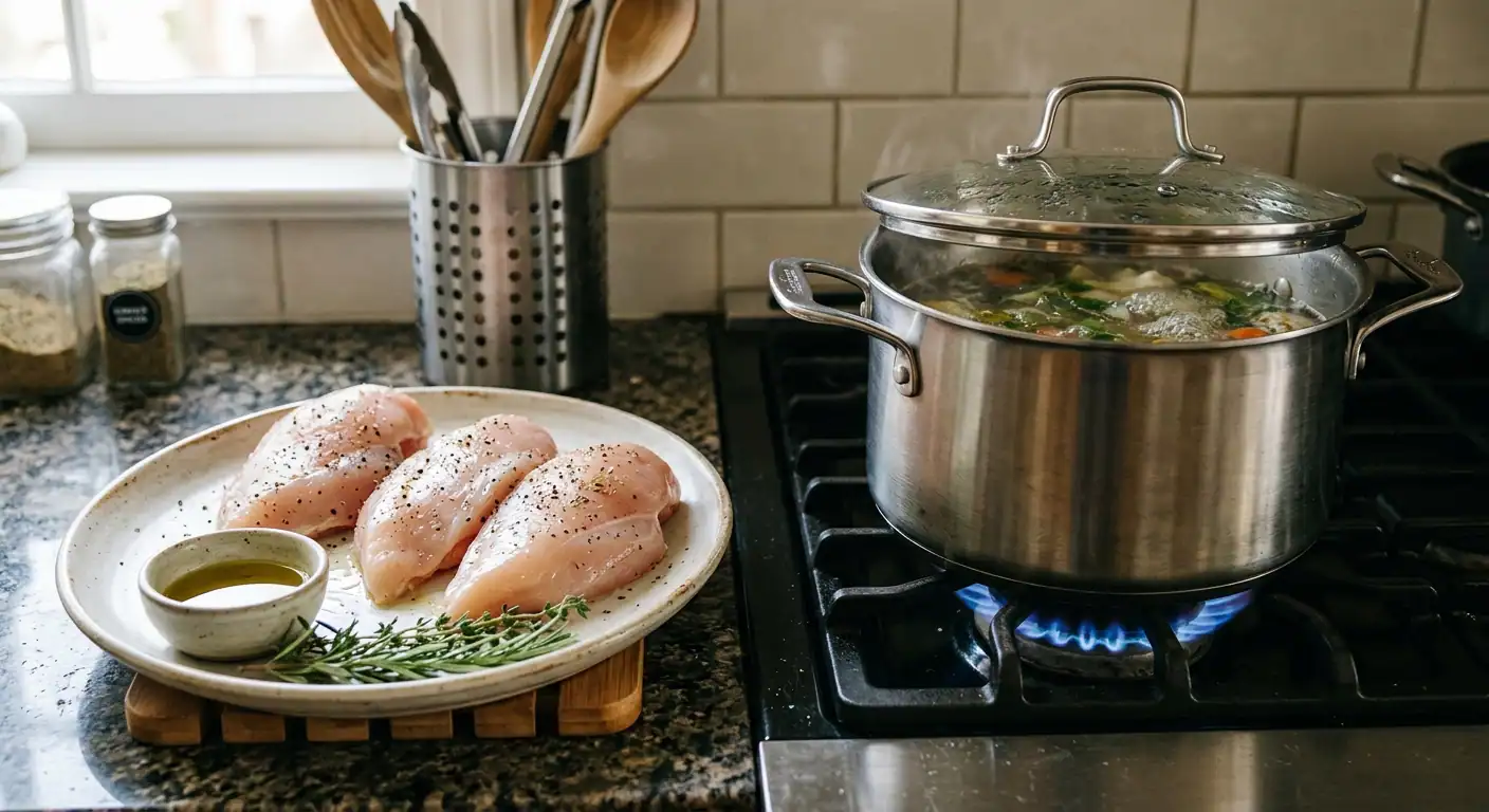 The Best Way to Poach Chicken Breasts for tender shredded chicken